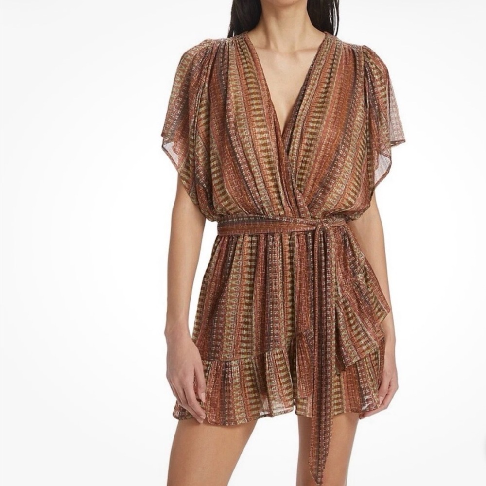 Ramy Brook Chelsea Mini Dress Belted Brown/Green Metallic Ruffle Hem Fairy Core - Picture 4 of 16